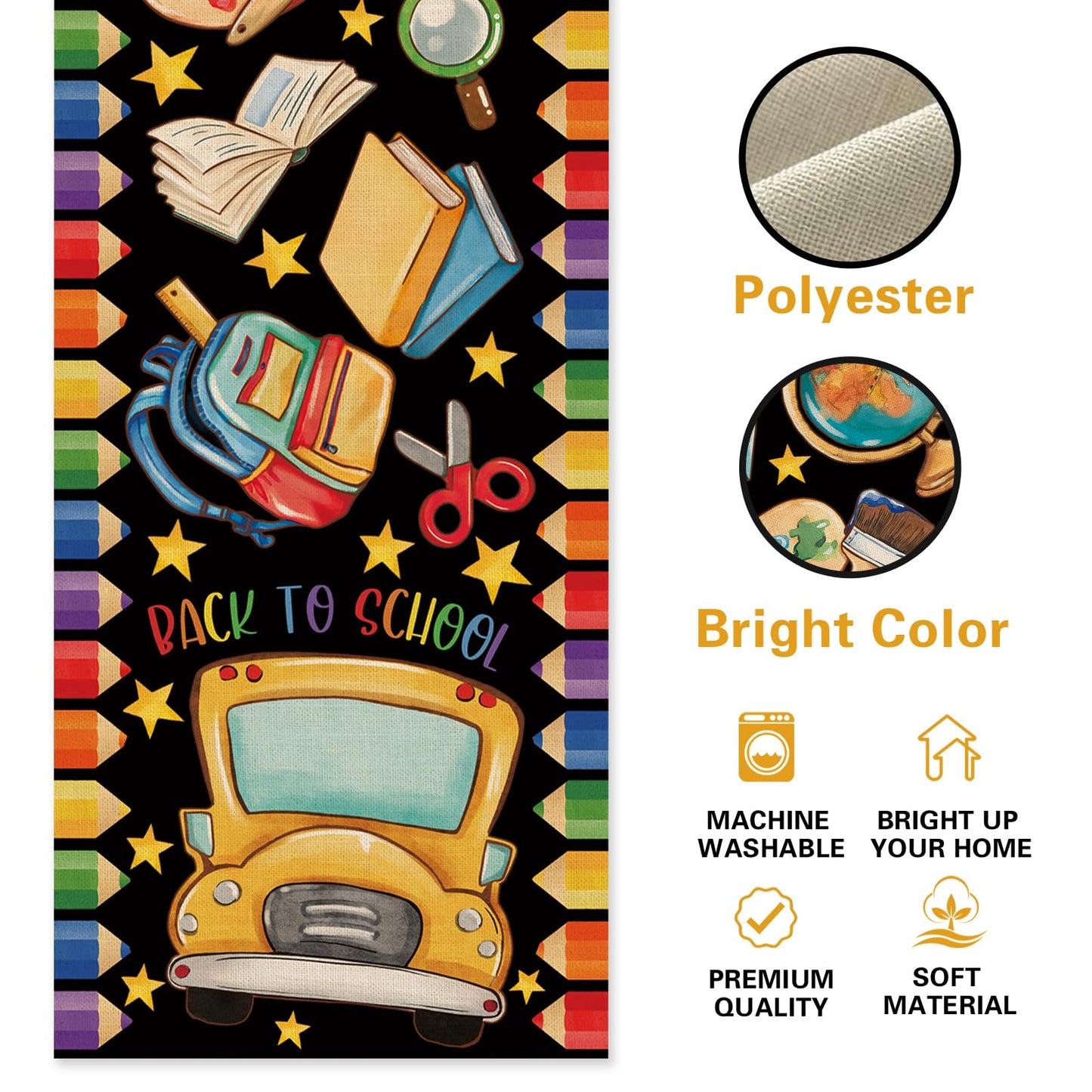 Croar Back to School Bus Dining Table Runner, First Day of School Bag Book Pencil Painting Tellurion Burlap Kitchen Decoration, Classroom Indoor Outdoor Home Decor Party Supply 13 x 72 Inches