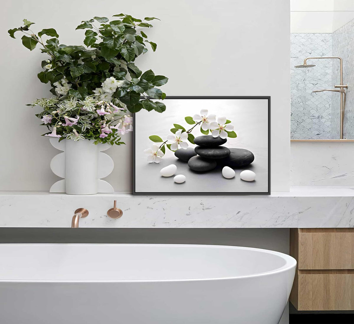 Framed Zen Stone Flower Canvas Wall Art Orchid Flower Black White Zen Stone Picture Wall Decor Still Life Poster Print Artwork for Bathroom Yoga Room Spa Room Meditation Room Office Home Decoration