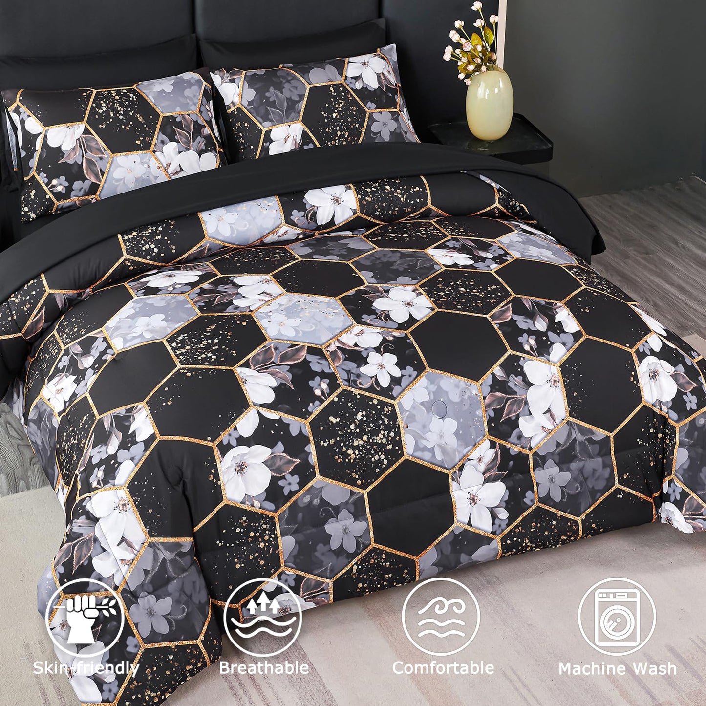 ZRNBAST 7 Pieces King Comforter Sets, Black Geometric Bed in A Bag with Sheets, Floral Print Bedding Sets, Soft Lightweight Microfiber Bed Set for All Season(Black Floral,King)