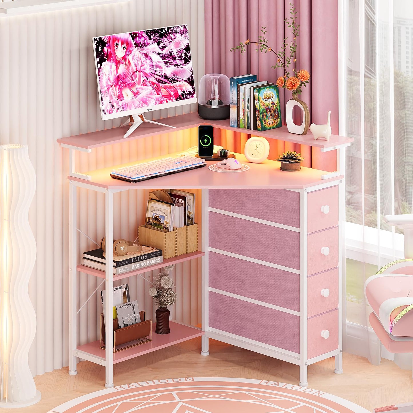 VENNQD Corner Desk with Drawers Shelves for Small Space 90 Degrees Triangle Computer Desk with Power Outlets,Gaming Desk with LED Lights Monitor Stand for Home Office Workstation Writing Table (Pink)