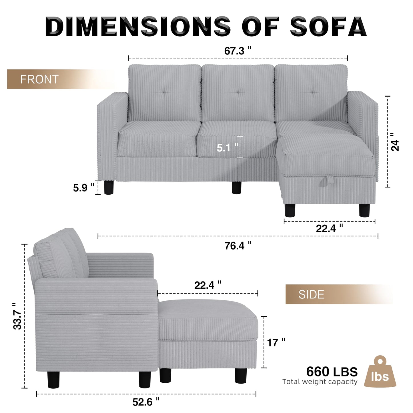 JAMFLY Convertible L-Shaped Sectional Sofa with Reversible Storage Ottoman, 3-Seat Couch with Side Pockets, Modern Compact Furniture for Small Apartments, Studios & Lofts, Light Grey