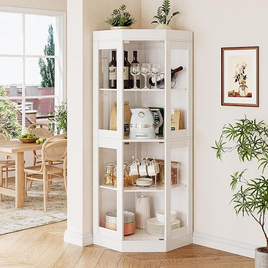 70''H Tall Corner Cabinet with Glass Doors, Farmhouse Storage Cabinet with 4