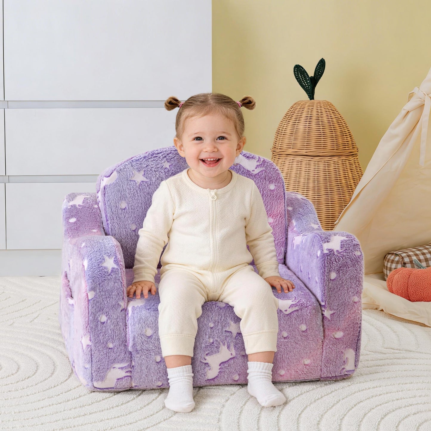 aodisman Thick Comfy Kids Chair and Couch, 2-in-1 Soft Foldable Plush Kids Sofa, Foam Seating for Reading and Play, Removable Washable Cover,Purple Pony