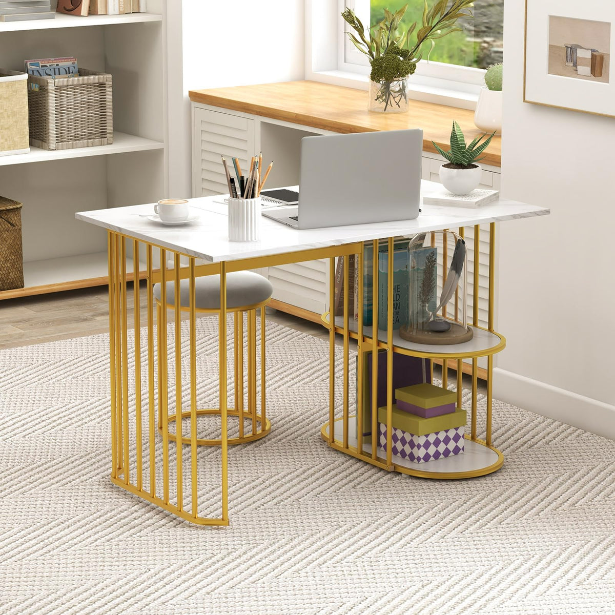 Giantex 3-Piece Dining Table Set for 2, Rectangular Kitchen Table with 2 Stools, 2-Tier Storage Shelf, Upholstered Seat, Faux Marble Top, Metal Frame, Dinette Desk, Breakfast Desk for Small Space