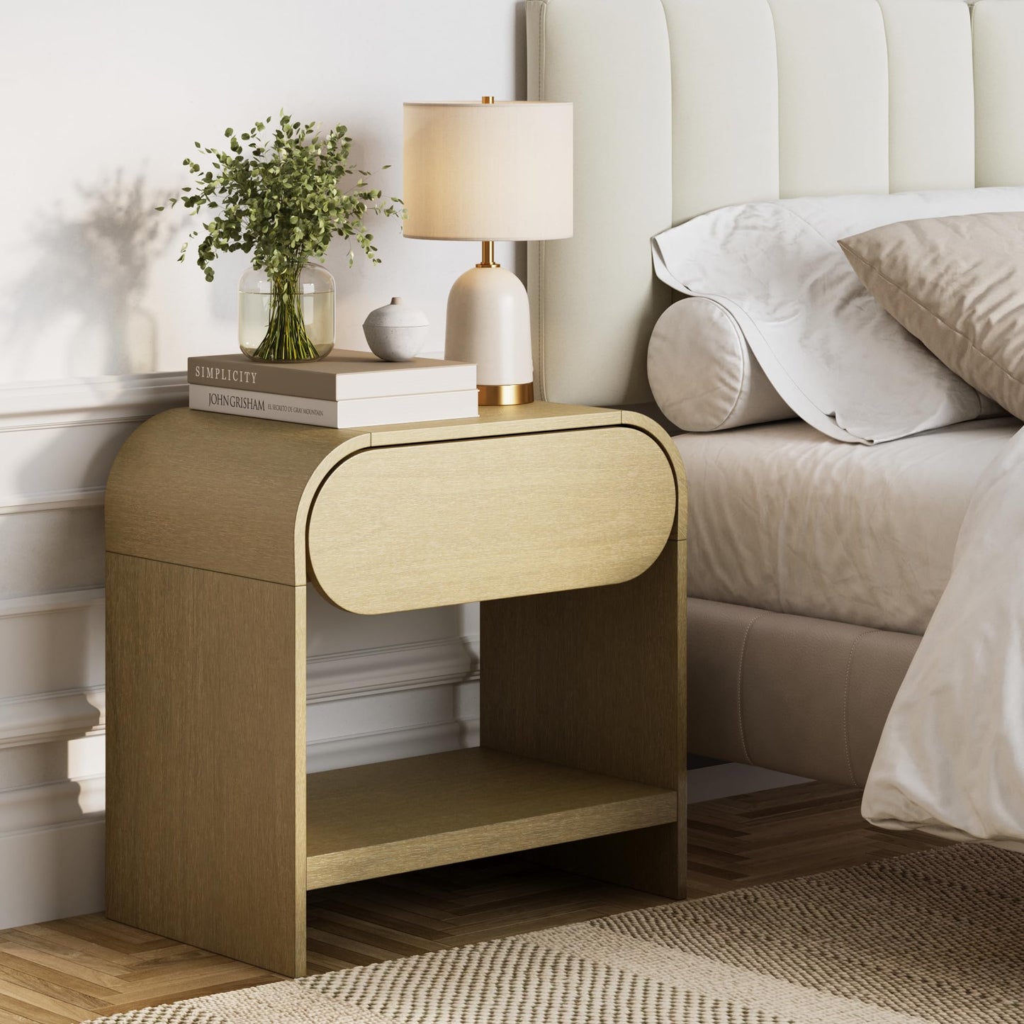 Nathan James Iris Mid-Century Modern Nightstand with Drawer, Wooden Bedside Table for Bedroom or Living Room with Rounded Silhouette