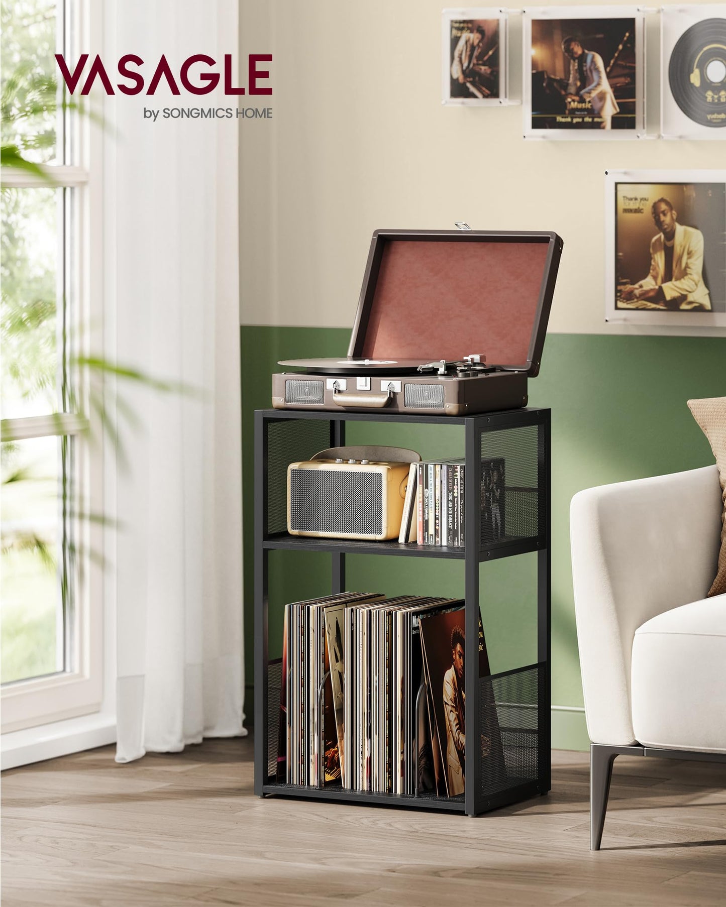 VASAGLE Record Player Stand, 3-Tier Side Table, Vinyl Record Storage up to 100 Albums, End Table for Living Room, Bedroom, Ebony Black ULET275B01