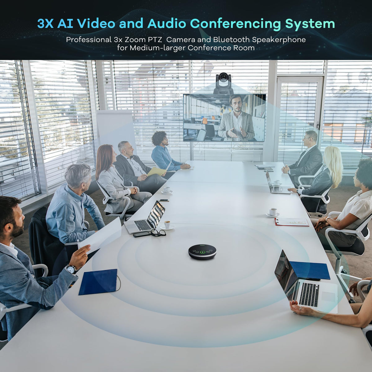 TONGVEO AI Auto-Tracking PTZ Conference Camera System with Bluetooth Microphones, 3X Optical Zoom USB3.0 1080P 60fps, 93° Wide-Angle All-in-One Video Conference Solution for Church & Office