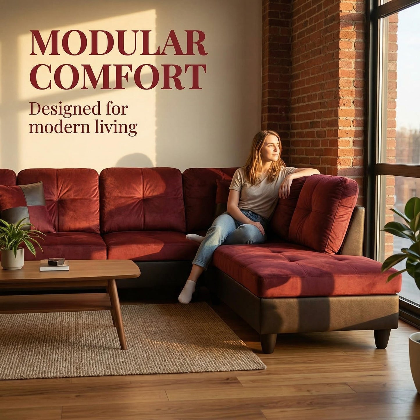 NicBex Sectional Couch 3 Pieces Sofa Set, L-Shaped Modular Couches for Living Room, Furniture Sets with Lounge Chaise & Storage Ottoman, Multi-Scene Use for Apartment & Office, Red+Black