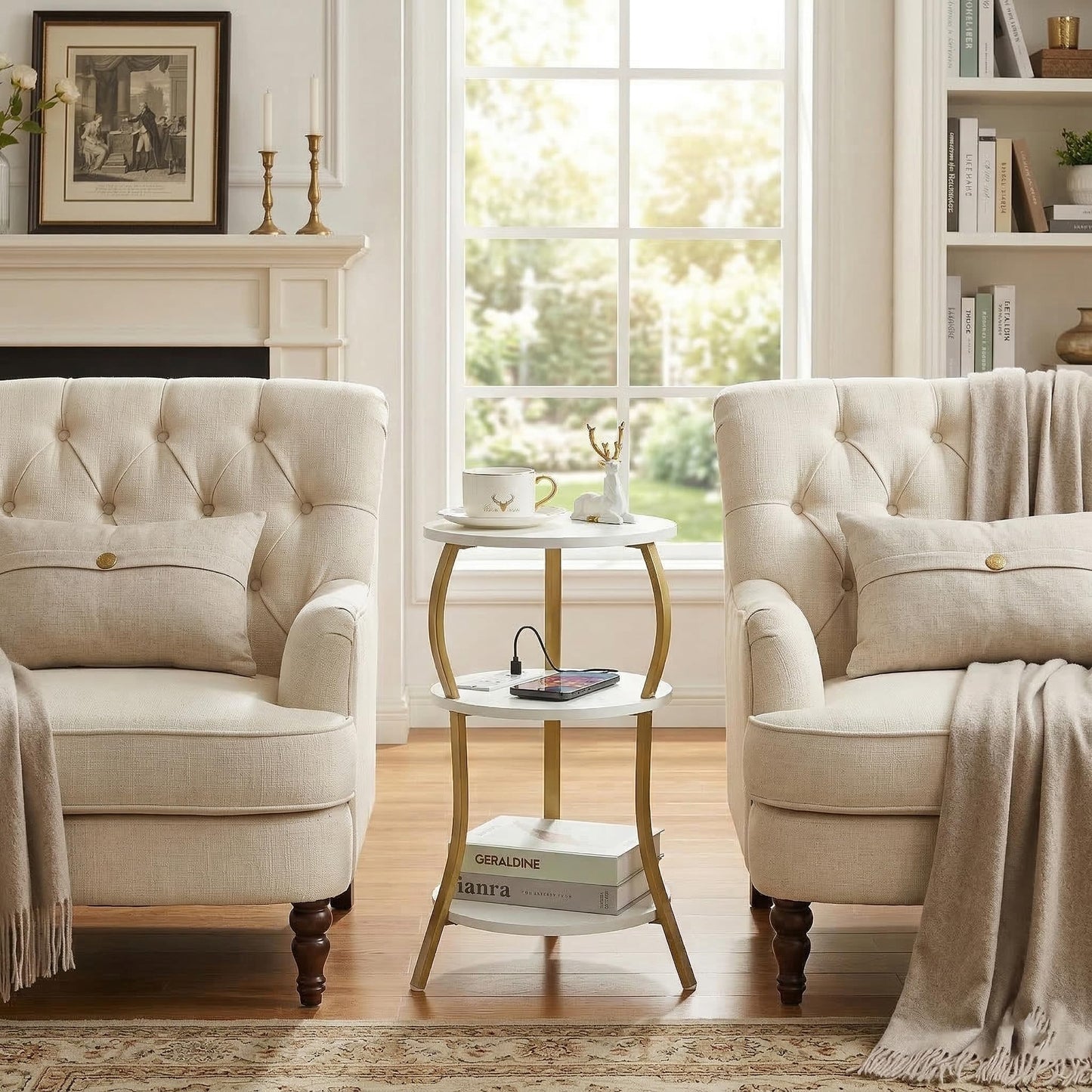 Small Round Side Table with Charging Station, 3-Tier Waist Circular End Table with Storage Shelf, Compact Tea Sofa Side Table Small Spaces, Round Corner Coffee Table for Living Room Bedroon,White+Gold