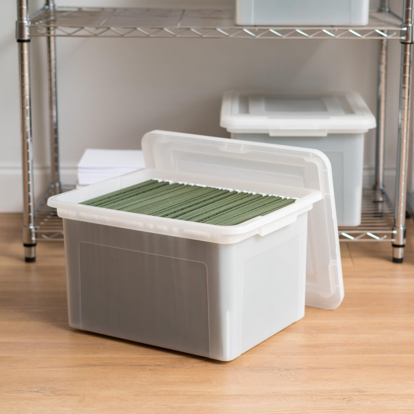 IRIS USA 35 Qt File Box with Lid, File Storage Box for Letter Size Documents, Portable Plastic File Box, Stackable Nestable Organizer, 4 Pack, Pearl