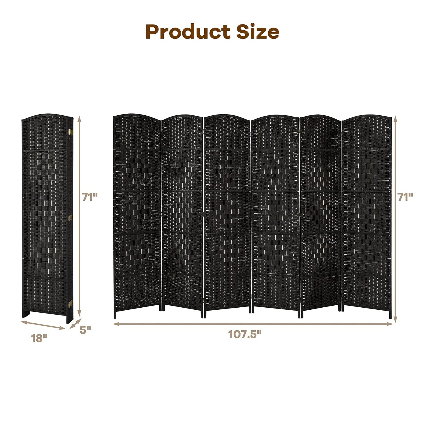 Giantex 6 Panel 6 Ft Tall Room Divider, Freestanding Wood Partition Room Divider Panel with Hand-Made Woven Paper Fiber, Room Dividers and Folding Privacy Screens for Bedroom, Small Space, Black