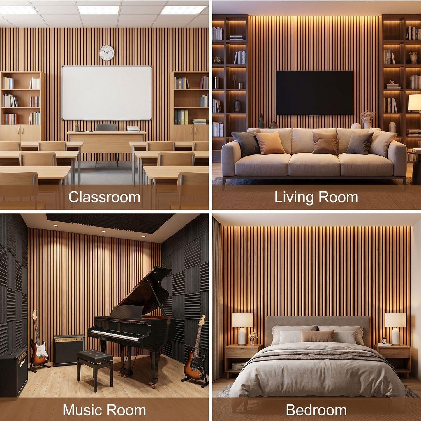Nuanchu 4 Piece 12.6x11.81“ Wood Slat Acoustic Panels Walnut Semicircle Soundproofing Fluted Wall Panels 3D Decorative Acoustic Wallpaper for Ceiling School Classroom Home Living Room Bedroom
