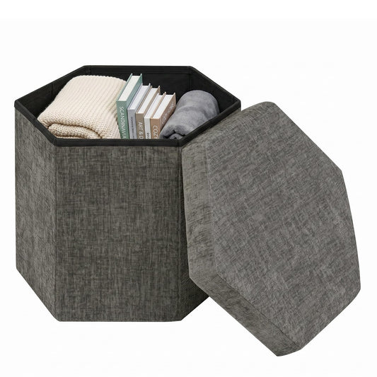 ZOLANOful Hexagon Storage Ottoman, Foldable Chenille FootRest with Hidden Storage, Small Ottoman Footstool for Living Room, Bedroom, Dorm, Entryway, 15 x 16.9 x 15 Inches, Grey