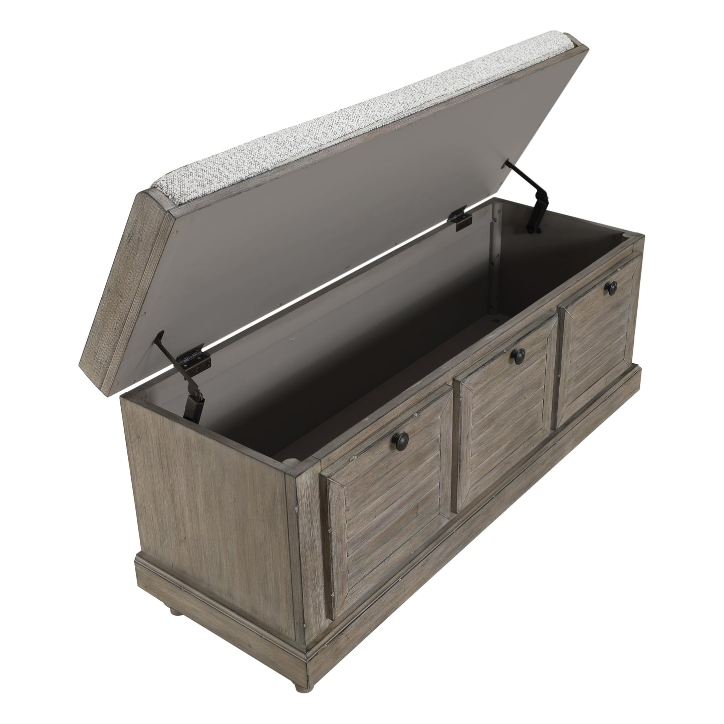 OSP Home Furnishings Dover Coastal Lift-Top Storage Bench with Shutter Face Styling, Goldstone Finish with Salt and Pepper Cushion