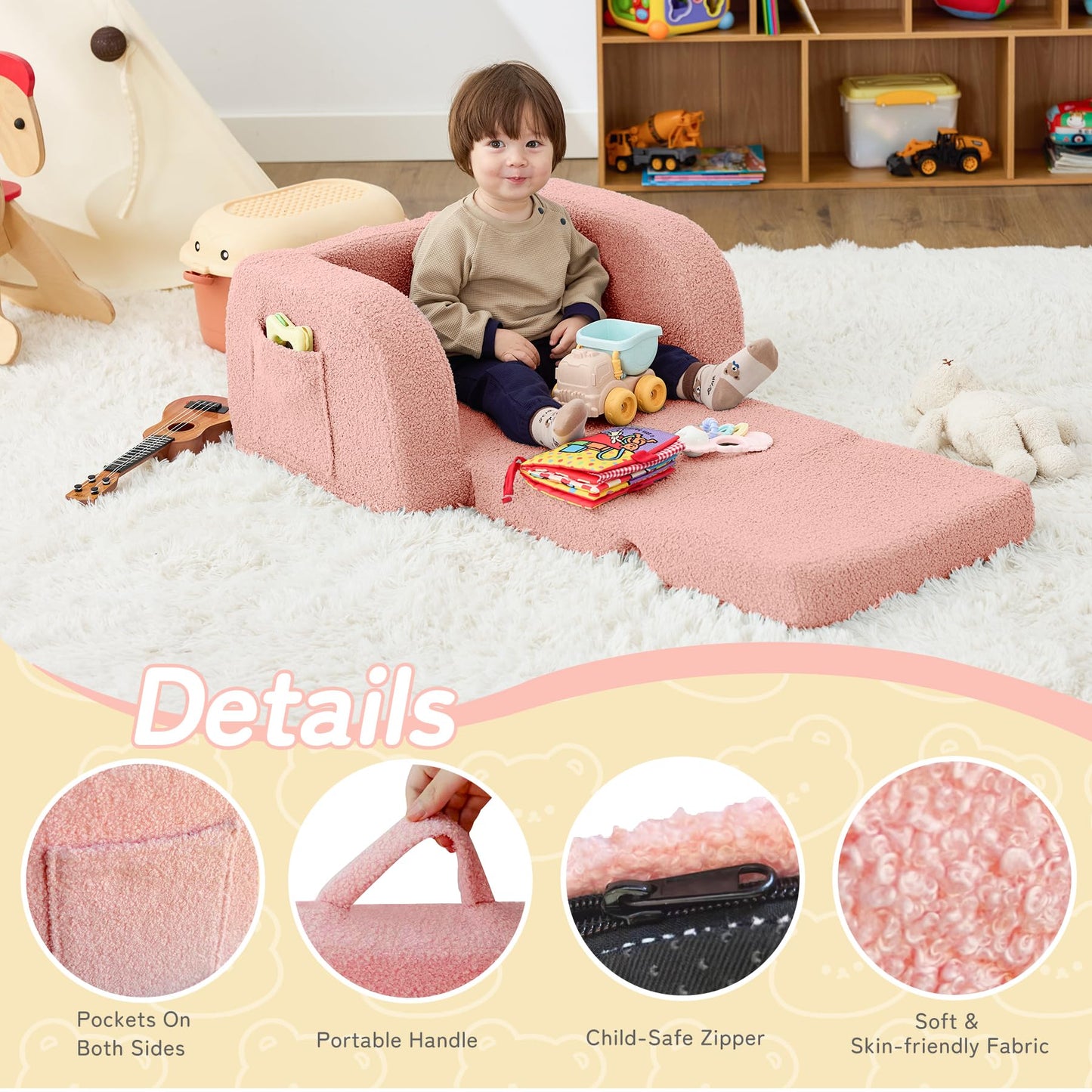MuaMelop Toddler Couch, 2-in-1 Toddler Chairs Comfy 1-3 Years Old, Toddler Chair for Girls and Boys, Kids Couch Bed Fold Out, Convertible Baby Sofa to Lounge Chair for Playing, Reading, Napping, Pink