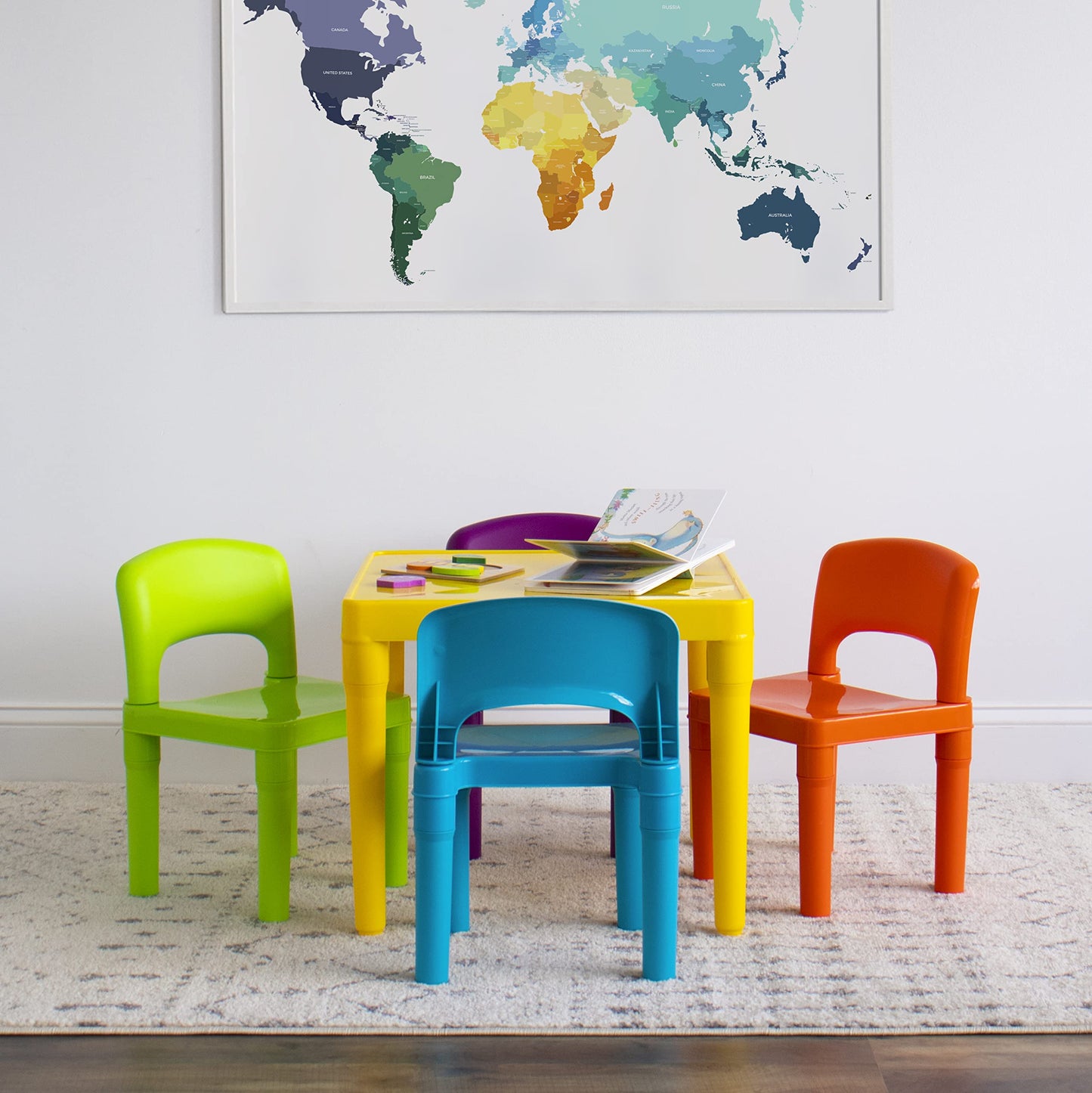 Humble Crew Kids Plastic Table and Chair Set, Toddler Activity Table with 4 Chairs, Lightweight Easy-Clean Kids Desk for Play, Snacks & Crafts, Indoor Outdoor Playroom Furniture, Yellow/Vibrant