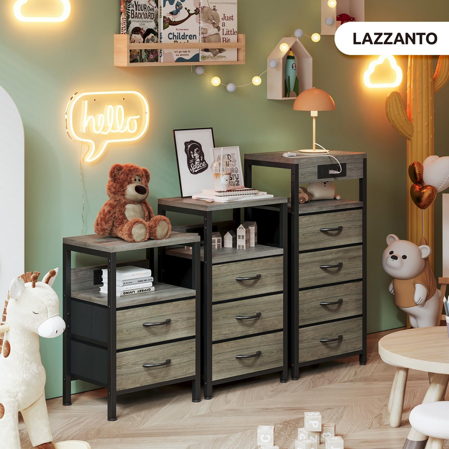 Lazzanto NightStand Bedside Charging Table Bedroom - Night Stand with Charger Station, Modern Nightstand with Open Shelf & 2 Fabric Drawers, End Table with USB-C USB Ports & AC Outlets for Dorm, Grey
