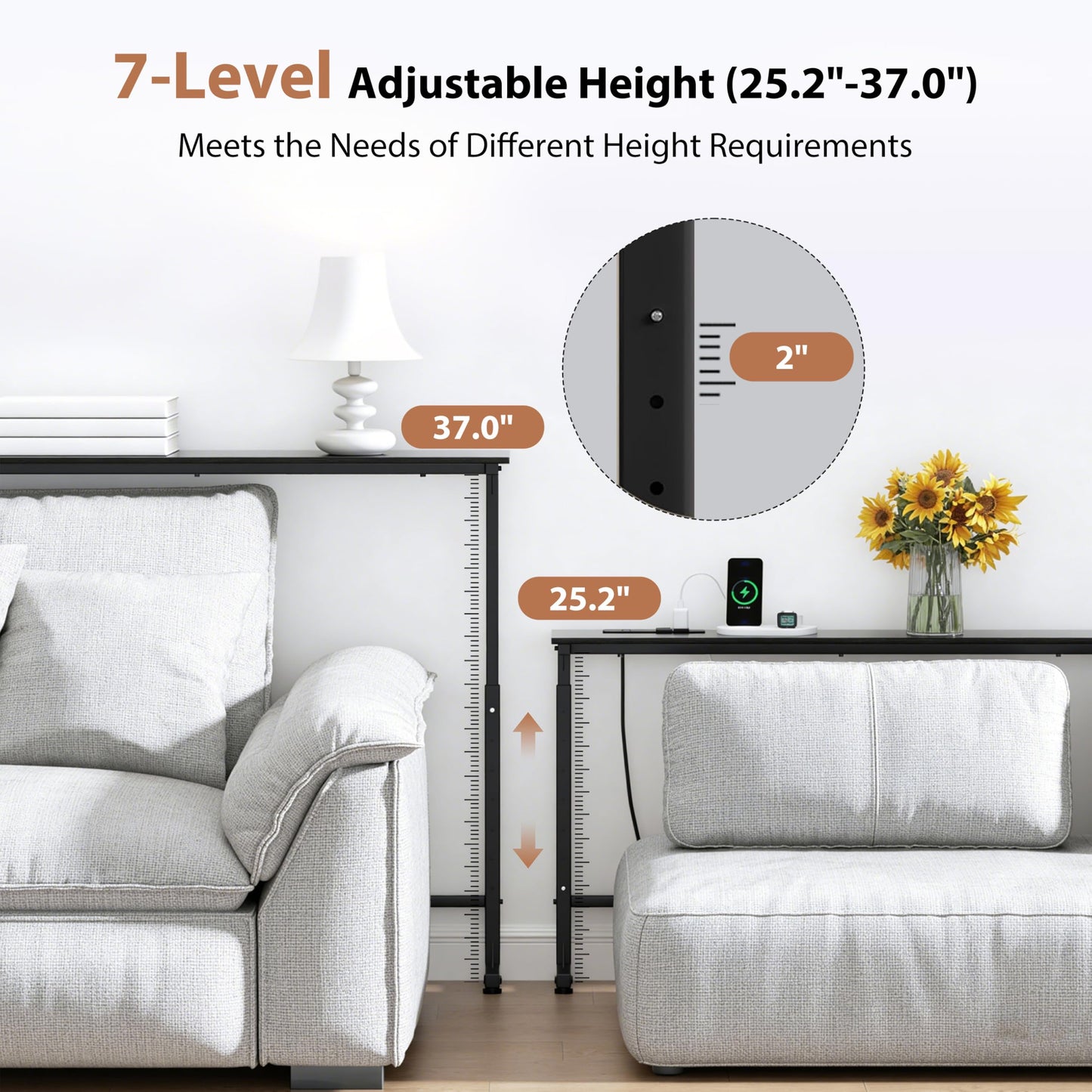 GRLEAF 35" Adjustable Height Narrow Console Table with Power Outlets, Long Sofa Table with Charging Station Behind Couch Table Skinny Entryway Table for Living Room, Hallway and Office – Black