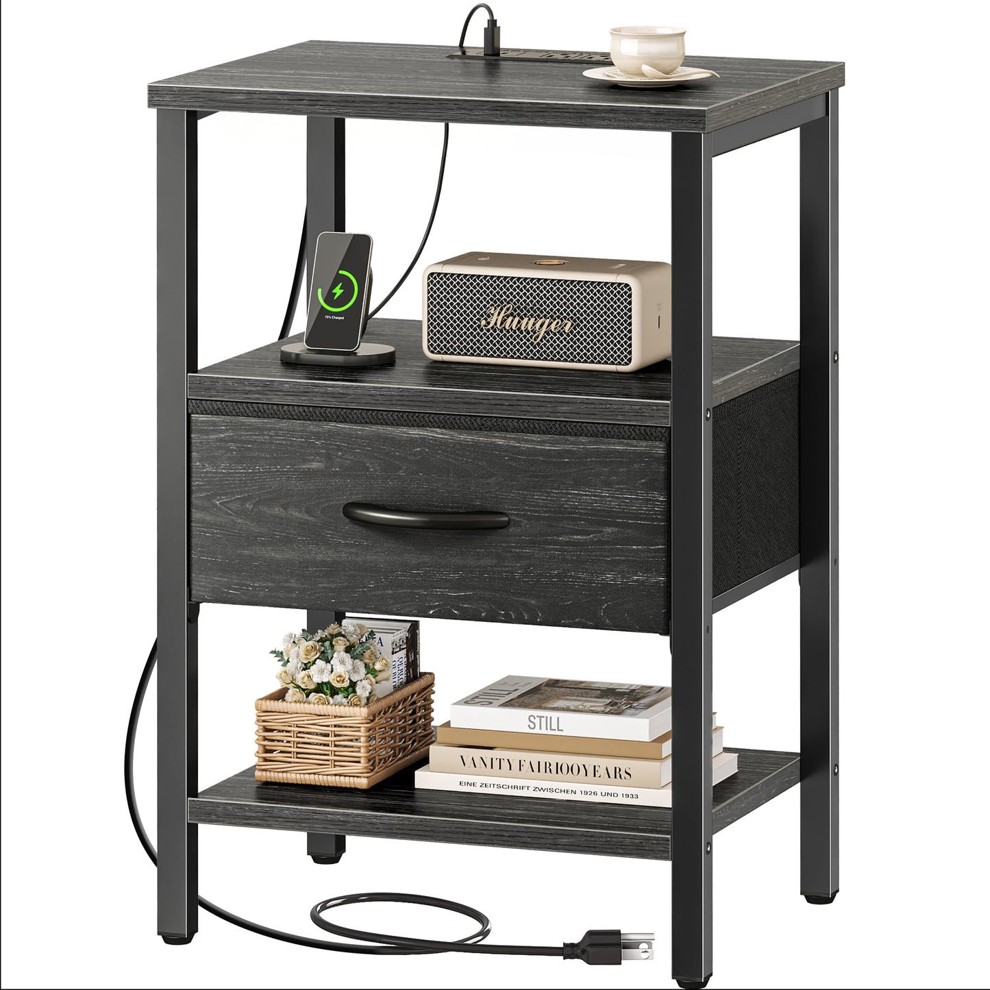SUPERJARE Nightstand with Charging Station, Bed Side Table with Adjustable Fabric Drawer, Night Stand for Bedroom, 3-Tier Storage End Table, for Living Room, Charcoal Black Wood Grain Print