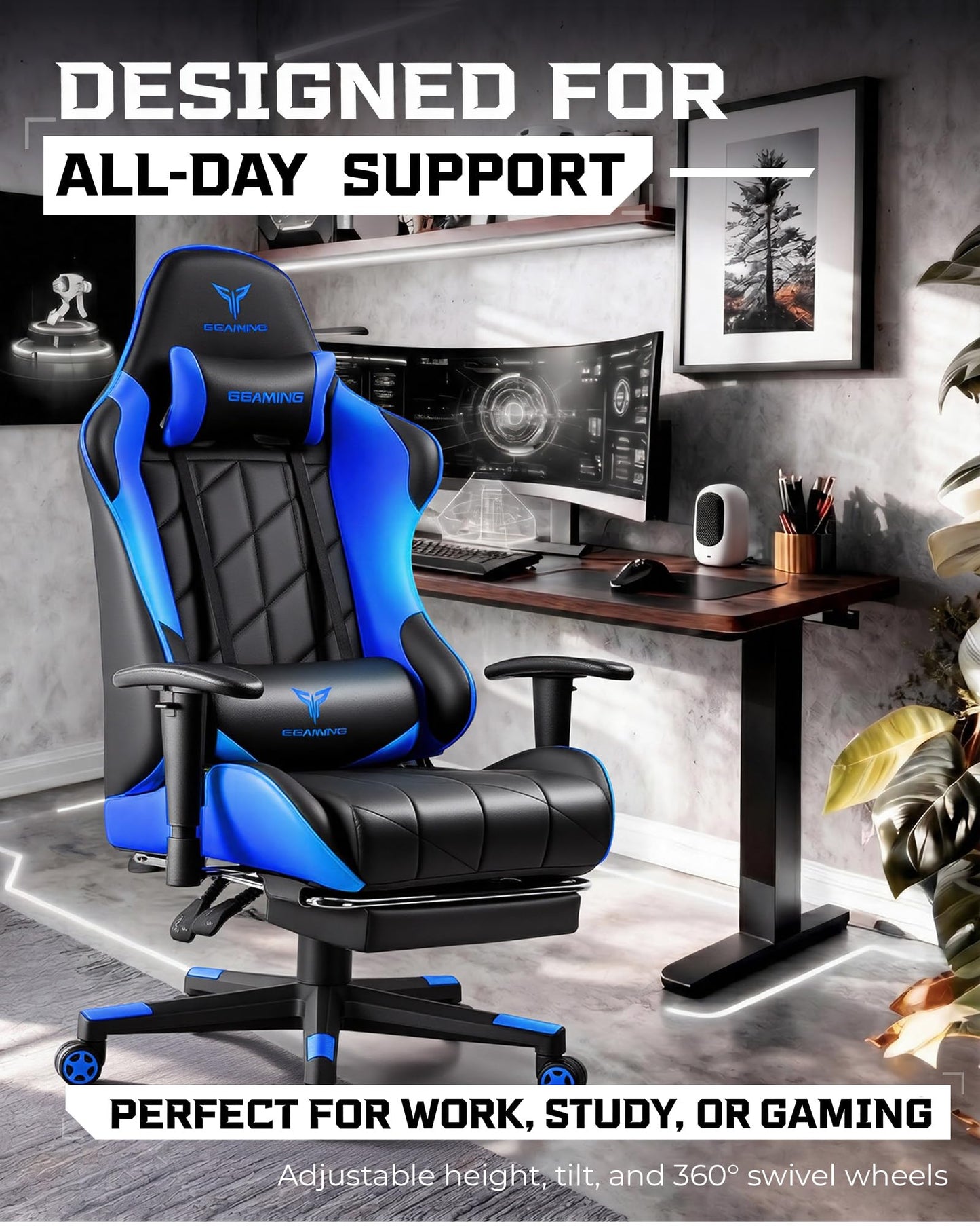 GTPLAYER Gaming Chair, Big and Tall Video Game Chair with High Back PU Leather, Home Office Ergonomic Computer Chair with Footrest, Adjustable Height, 360° Swivel Wheels for Adults and Teens