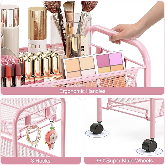 TOOLF 3 Tier Rolling Cart Pink