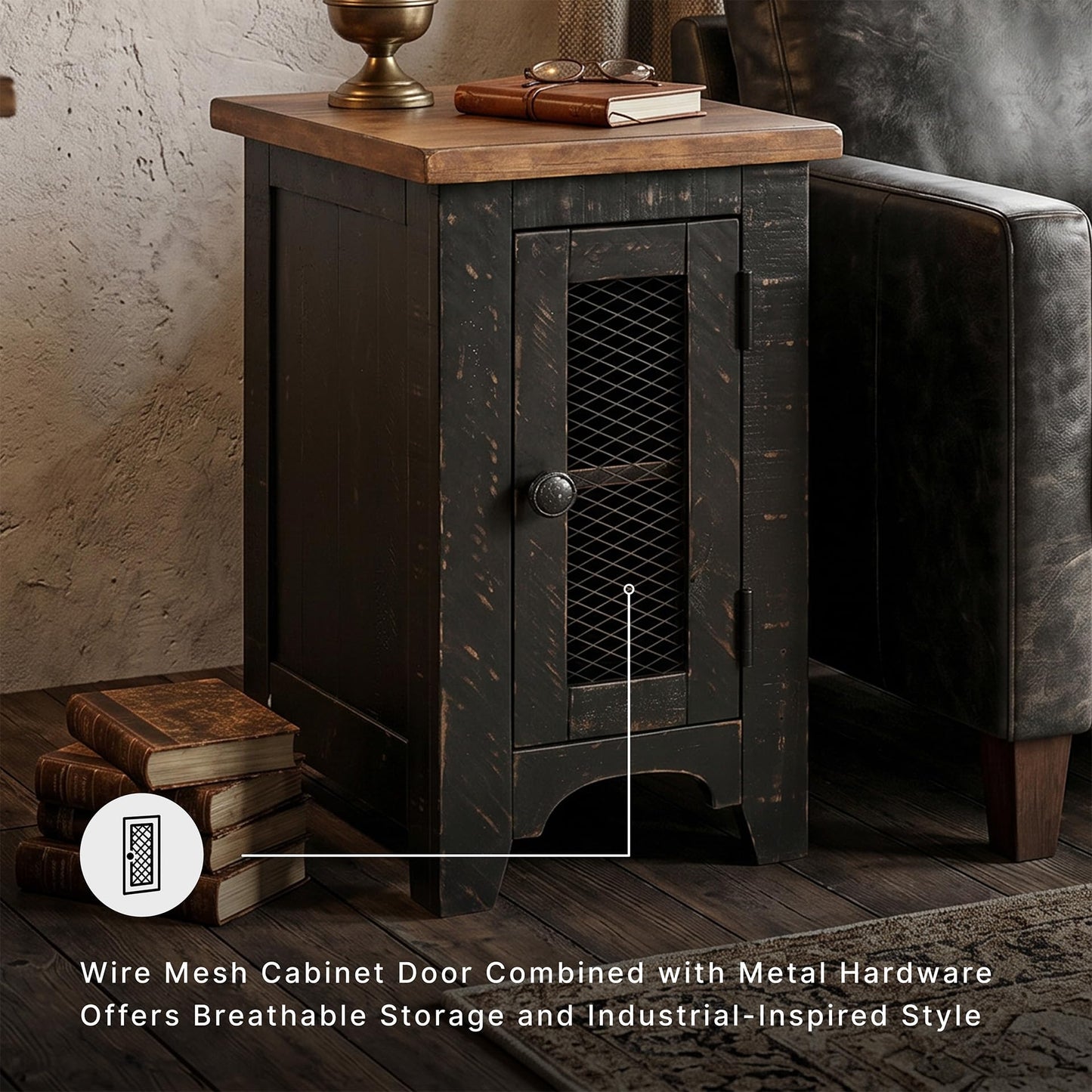 Signature Design by Ashley Valebeck Rustic Farmhouse Chair Side End Table with Cabinet Door, Distressed Black