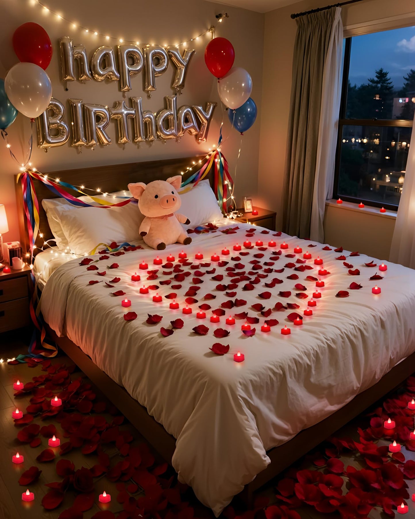 Amagic 2000 Pieces Red Artificial Rose Petals with 24 Red Heart LED Tea Lights, Rose Petals and Candles Set for Proposal, Anniversary, Romantic Night, Wedding Decor