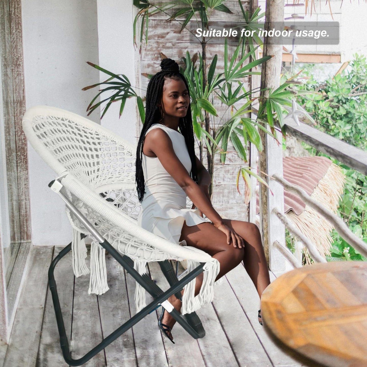 HI SUYI Folding Macrame Saucer Moon Chair Rope Cozy Lounger Chair Oversized for Bedroom Indoor Outdoor Home Patio Porch Deck Yard Garden