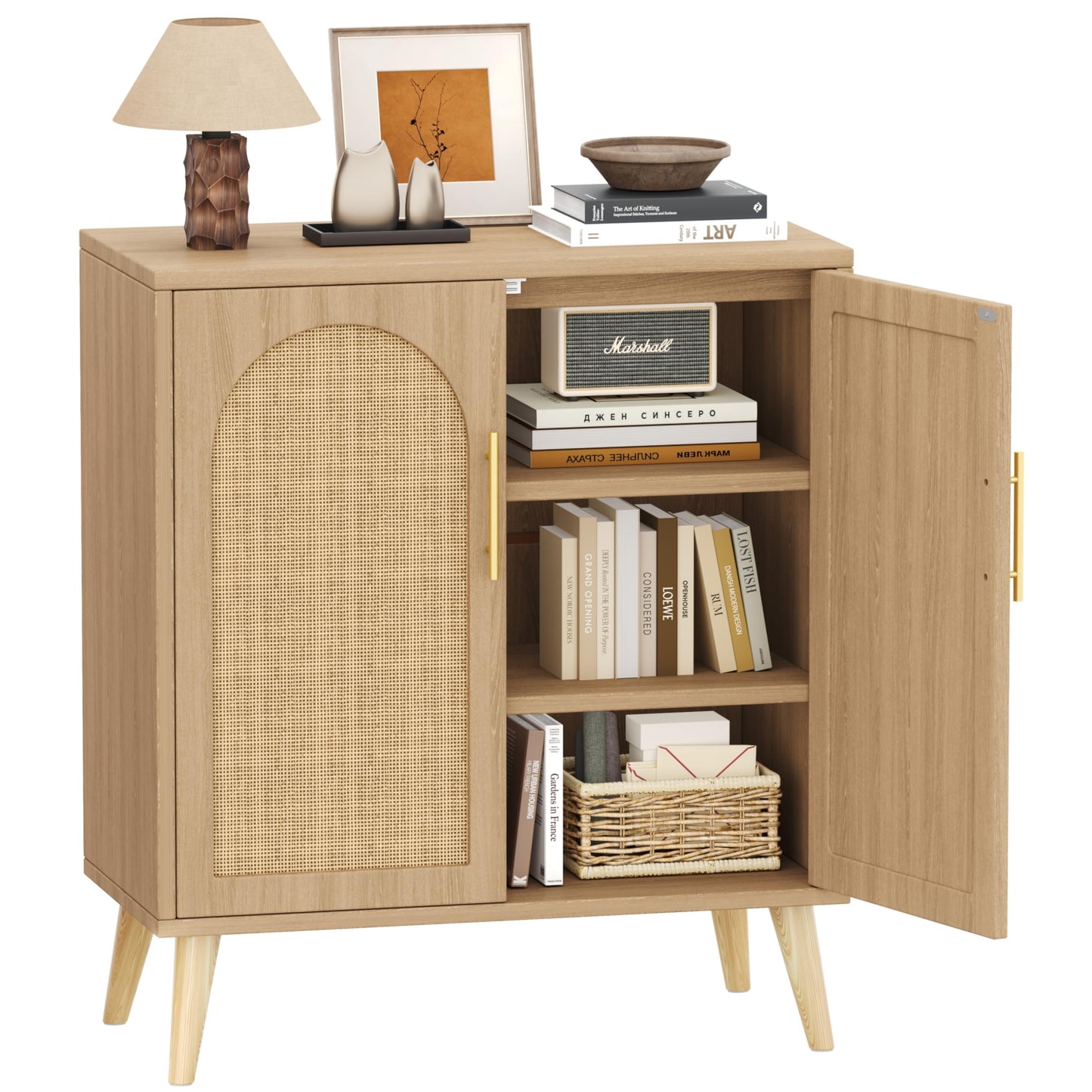 15.7"D Rattan Buffet Sideboard Cabinet with Storage, Modern Accent Cabinet with Adjustable Shelf & Solid Wood Legs, Coffee Bar Cabinet with Doors for Kitchen, Living Room, Entryway, Natural Oak