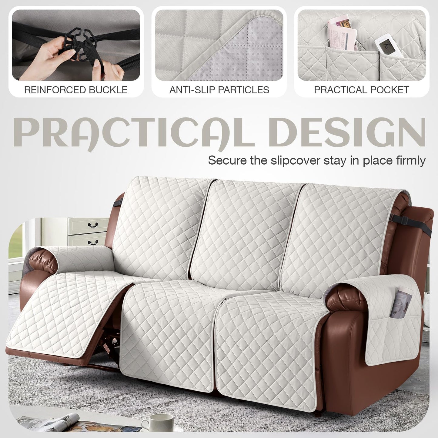 KinCam 100% Waterproof Recliner Sofa Covers, Non-Slip Reclining Couch Covers for 3 Seat, Recliner Couch Cover Furniture Protector with Elastic Straps for Pets, Kids, Beige White