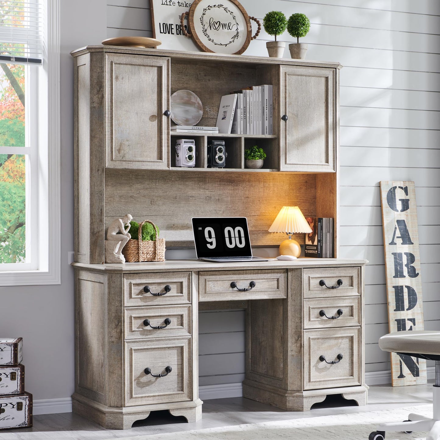 T4TREAM 59" Farmhouse Executive Desk with Hutch,Wood Home Office Computer Desk, Featuring Keyboard Tray,Charging Station,File Drawer, Storage Cabinet,for Work and Study (Light Rustic Oak)