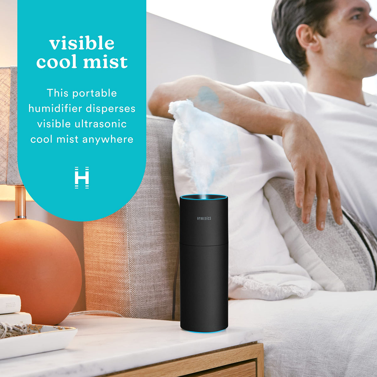 Homedics Portable Humidifier - Small Air Humidifiers for Bedroom, Plants, Office, Travel - Cool Mist Humidifiers, Color-Changing Accent Light, 2 Mist Settings, Matte Black