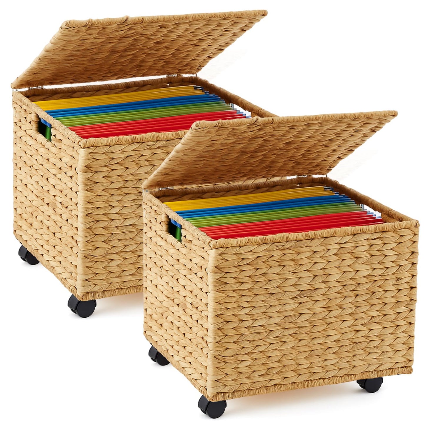 Sintuff 2 Pack Rolling File Cabinet with Lid 17.5 x 14.5 x 13 Inch Seagrass Rolling Filing Cabinet with Wheels Decorative Hanging File Organizer Basket Box for Home Office Storage(Natural)