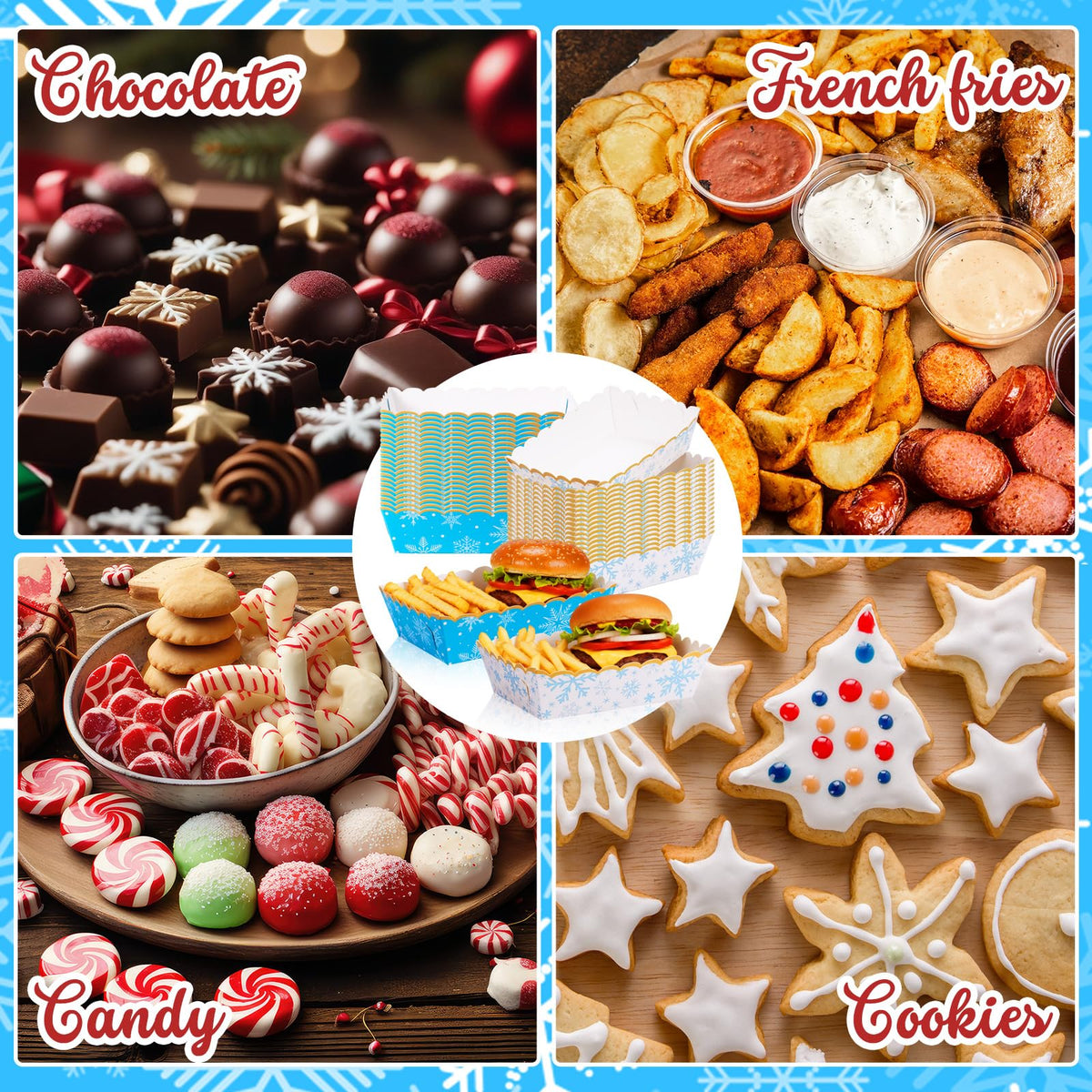 Dunzoom 60 Pcs Blue White Winter Snowflake Paper Food Trays Winter Wonderland Party Decoration Snowflake Snack Trays Nacho Boats Bowl Disposable for Holiday Birthday Baby Shower Party Supplies