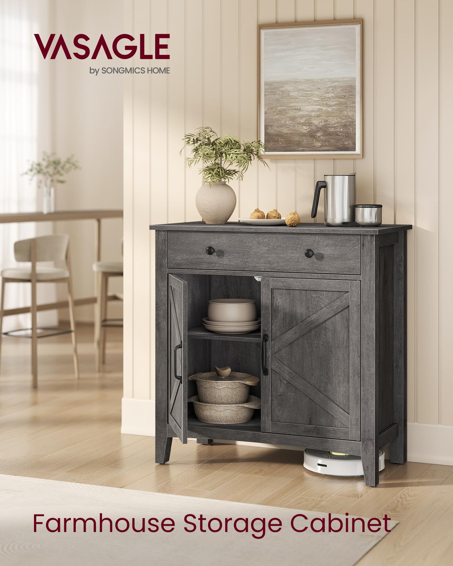 VASAGLE LIRY Collection - Buffet Cabinet, Coffee Bar Cabinet with a Drawer, Adjustable Shelf, Sideboard Storage with Cable Hole, Drawer Divider, Misty Gray UBBK341GW01S