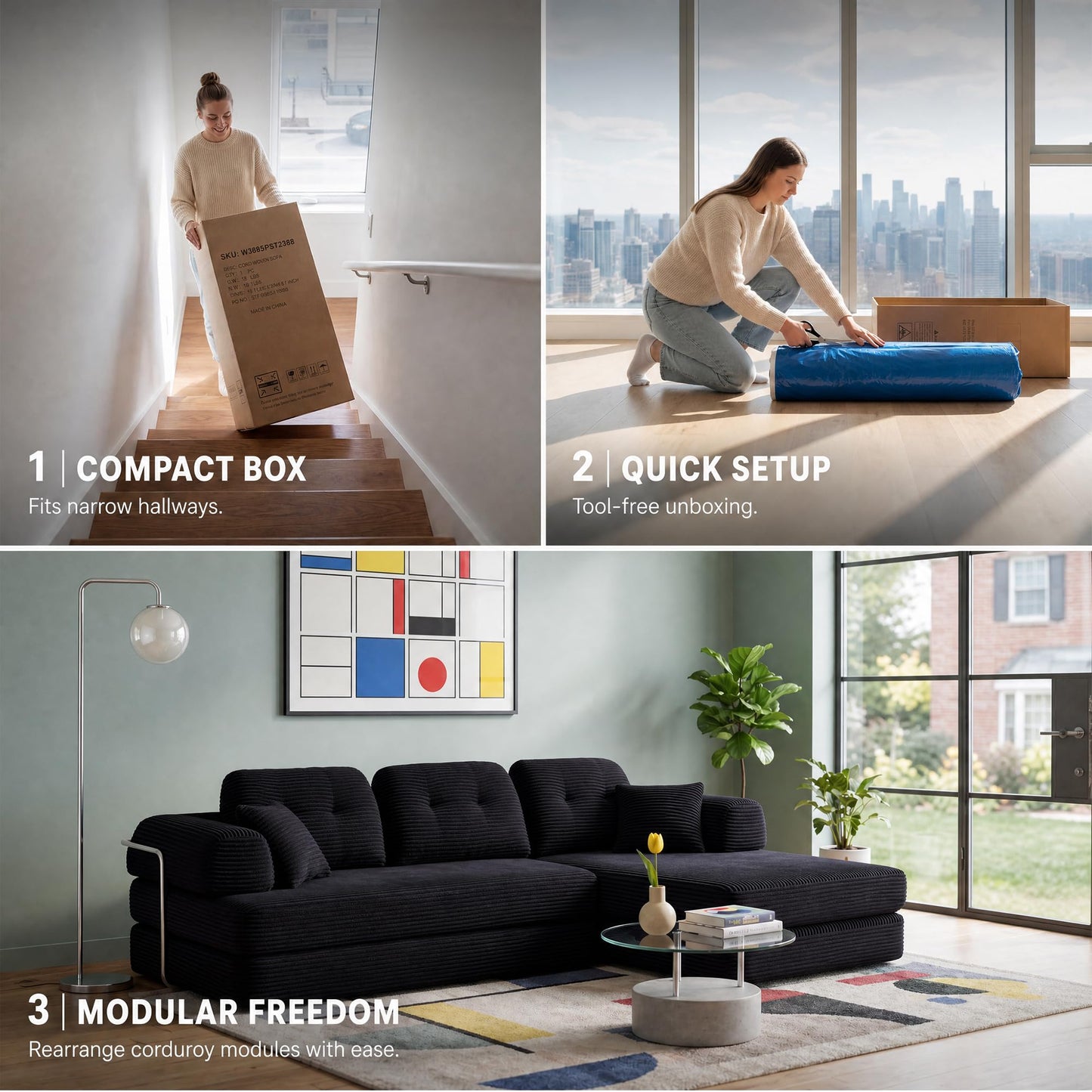 YasuSoofa Boneless Sectional Couch with Chaise, Convertible L-Shape Floor Sleeper with High Headrest, Modular Sofa Bed for Living Room Apartment, No Assembly, Gray