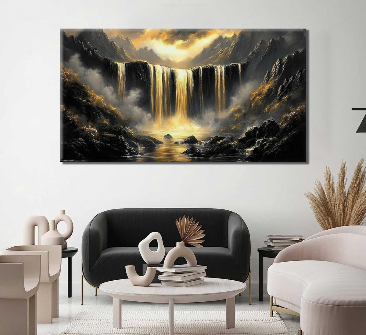 Black Gold Waterfall Canvas Wall Art Abstract Waterfall Wall Decor Mountain Art Posters Pictures for Office for Living Room bedroom Painting Prints Framed