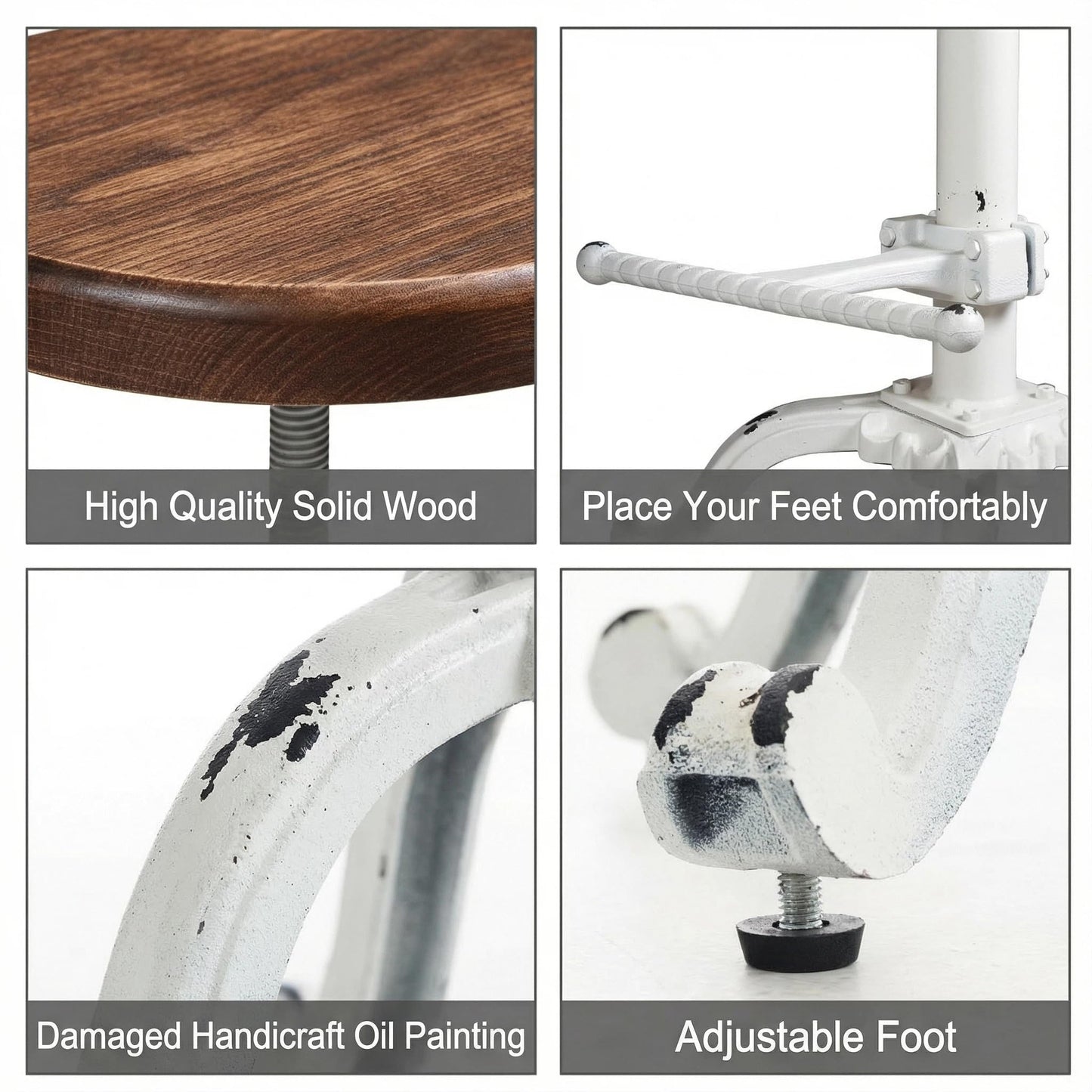 Topower Industrial Retro Vintage Farm Wooden Tractor Stool Kitchen Swivel Height Adjustable bar Stool (Antique White)