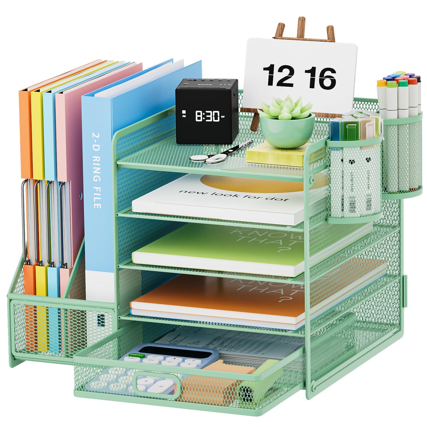 Marbrasse Desk Organizer with File Holder, 5-Tier Paper Letter Tray Organizer with Drawer and 2 Pen Holder, Mesh Desktop Organizer and Storage with Magazine Holder for Office Supplies (Green)