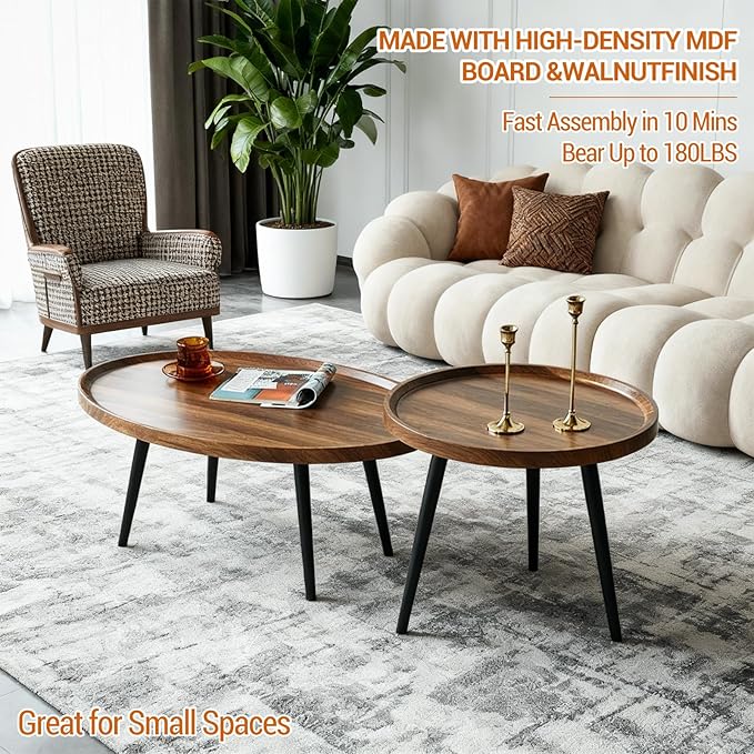Garvee Nesting Coffee Table Set of 2, 2-Piece Walnut Coffee Tables, Mid Century