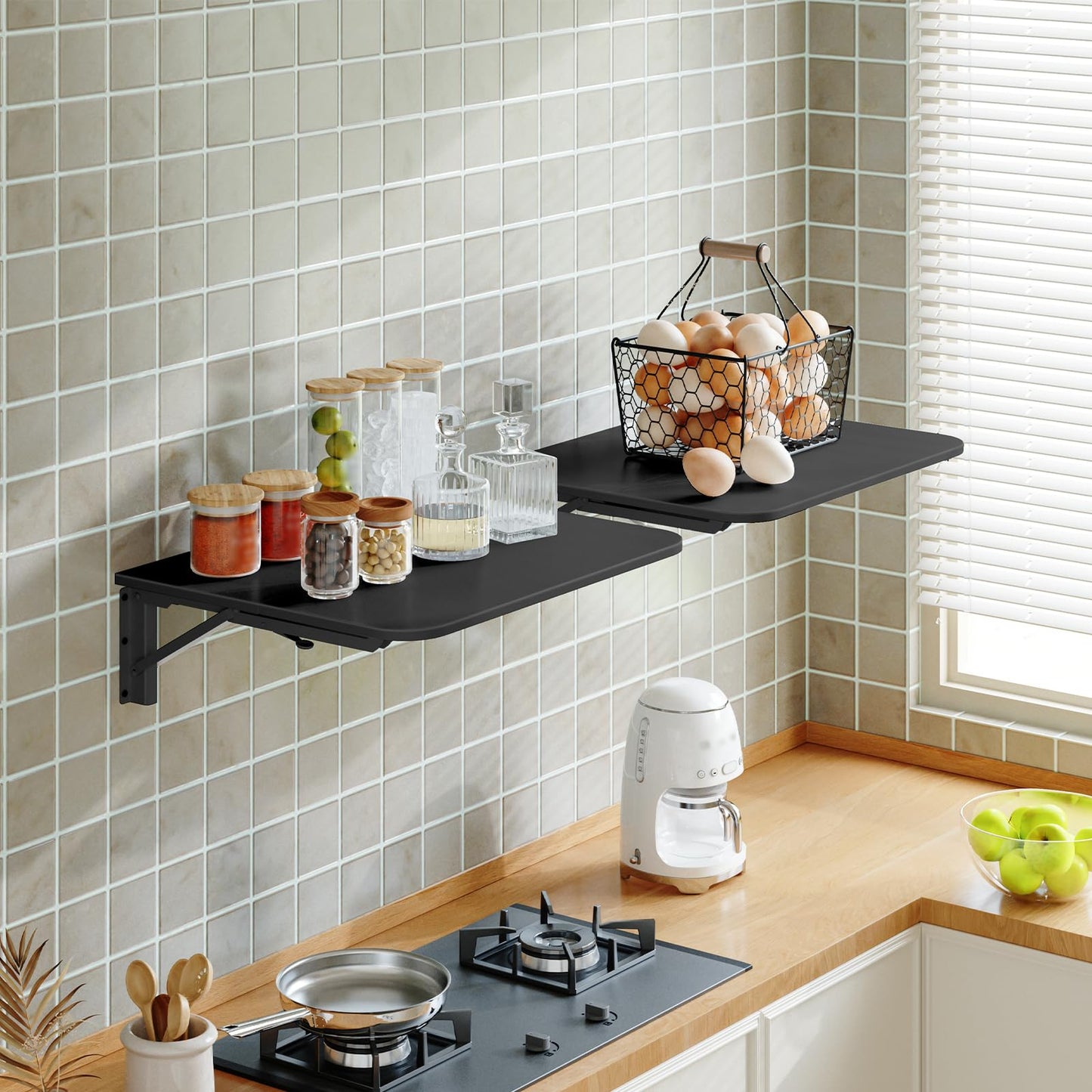HOOBRO Folding Table, Wall Mounted Floating Desk with Iron Bracket, Drop Leaf Table for Small Spaces, Kitchen, Laundry Room, Home, Office, Black BK054BZ01