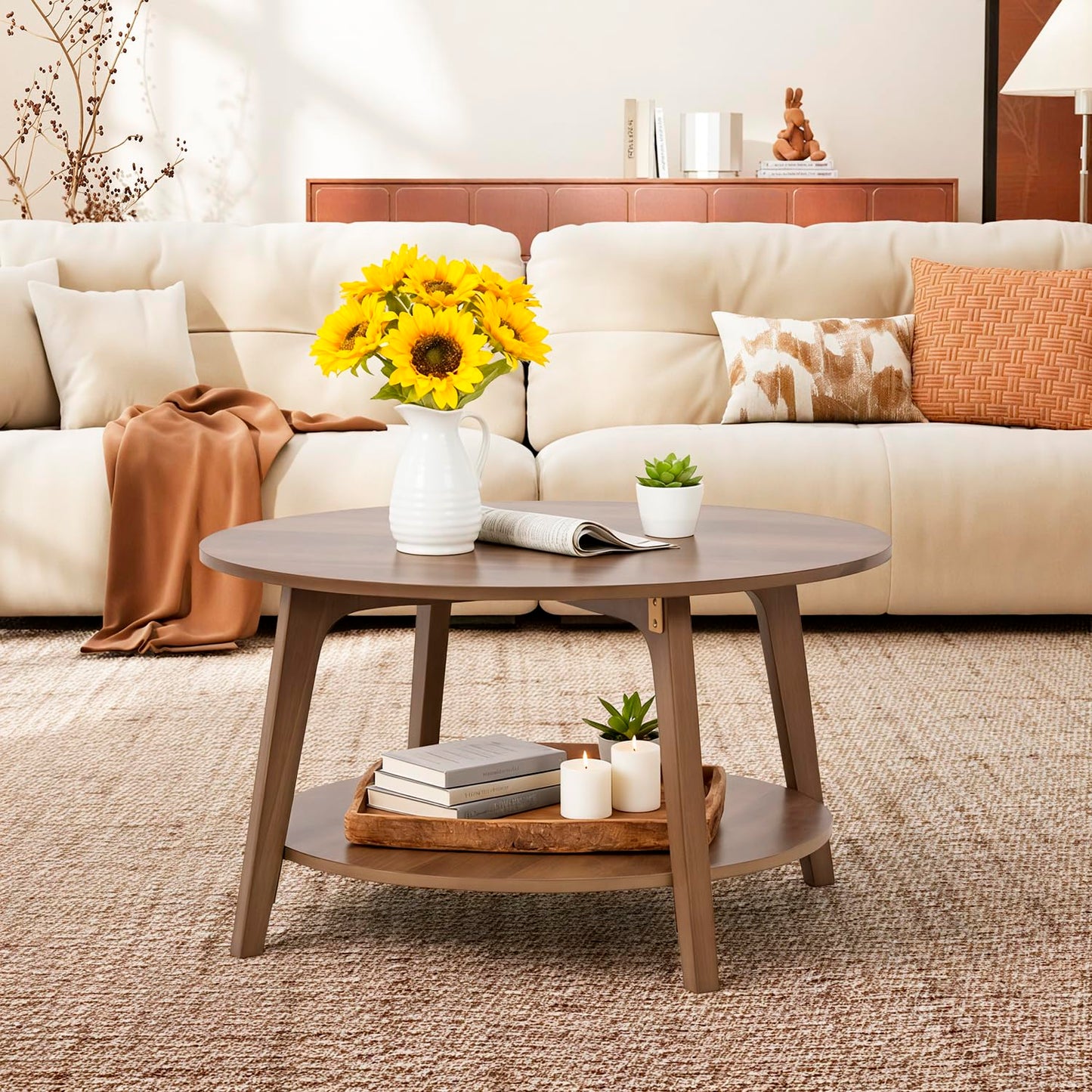 FDW Round Coffee Table 2-Tier Modern Wood Center Table with Storage for Living Room Bedroom or Office Small Space Circle Coffee Table with Sturdy MDF Top & Tapered Legs Easy Assembly,Brown