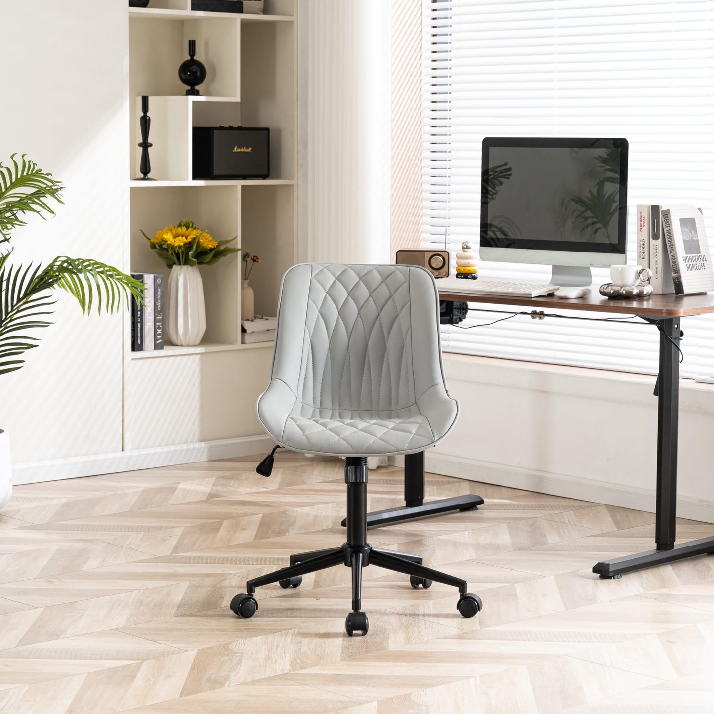 YOUNIKE Faux Leather Ergonomic Office Chair Armless Comfy Desk Chair with Rocking Back Cute Swivel Vanity Chair with Wheels Height Adjustable Small Computer Task Chair for Sewing Drafting Grey