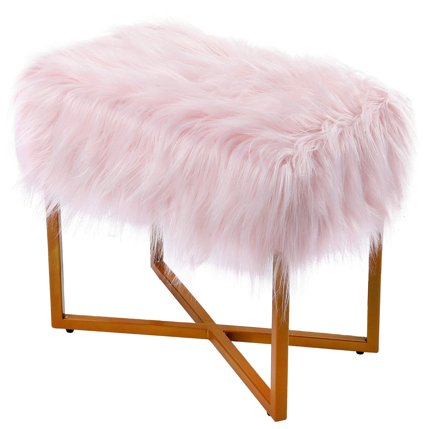 BIRDROCK HOME Rectangular Faux Fur Vanity Foot Stool Ottoman with Metal Legs - Small Soft Padded and Fluffy Makeup Seat or Foot Rest for Bedroom, Desk, or Dressing Table (Pink and Pale Gold)