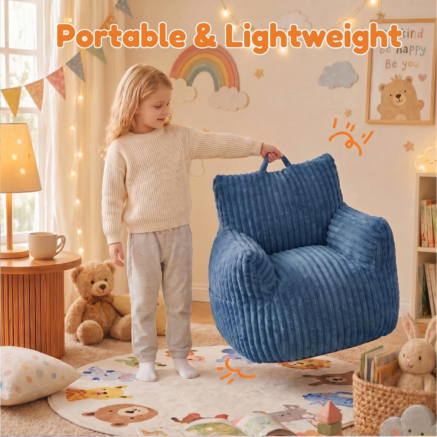 MaxiBean Bean Bag Chair - Plush Faux Fur Floor Seating Furniture Bean Bag Chair for Living Room, Bedroom, Playroom (2.5FT Stripe Blue)