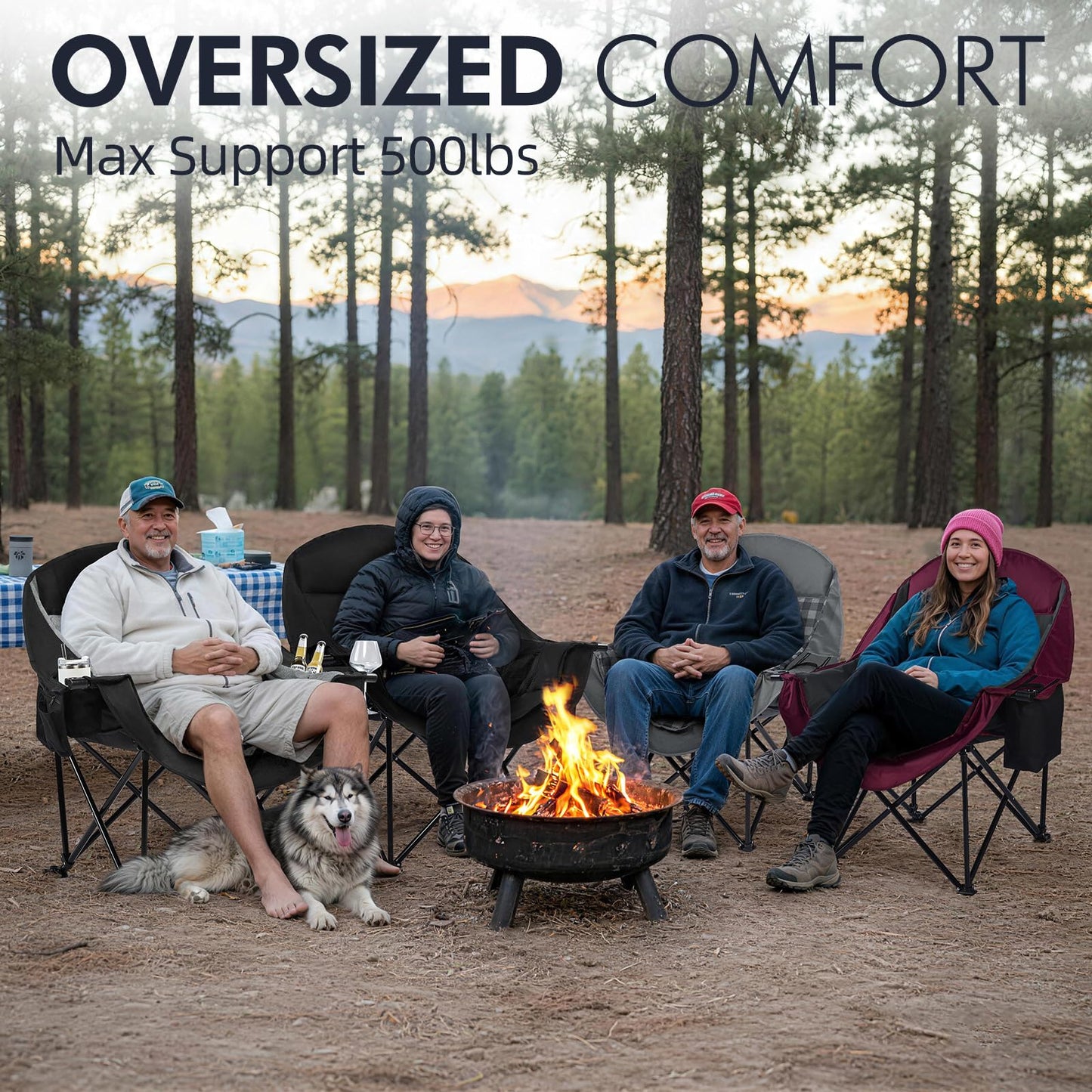 Oversized Camping Chair for Adults - Heavy Duty Outdoor Padded Large Lawn Camp Chair with Cup Holder Cooler Pockets for Sports Beach Fishing Garden Portable Supports 500lbs, Black/Grey 2 Pack