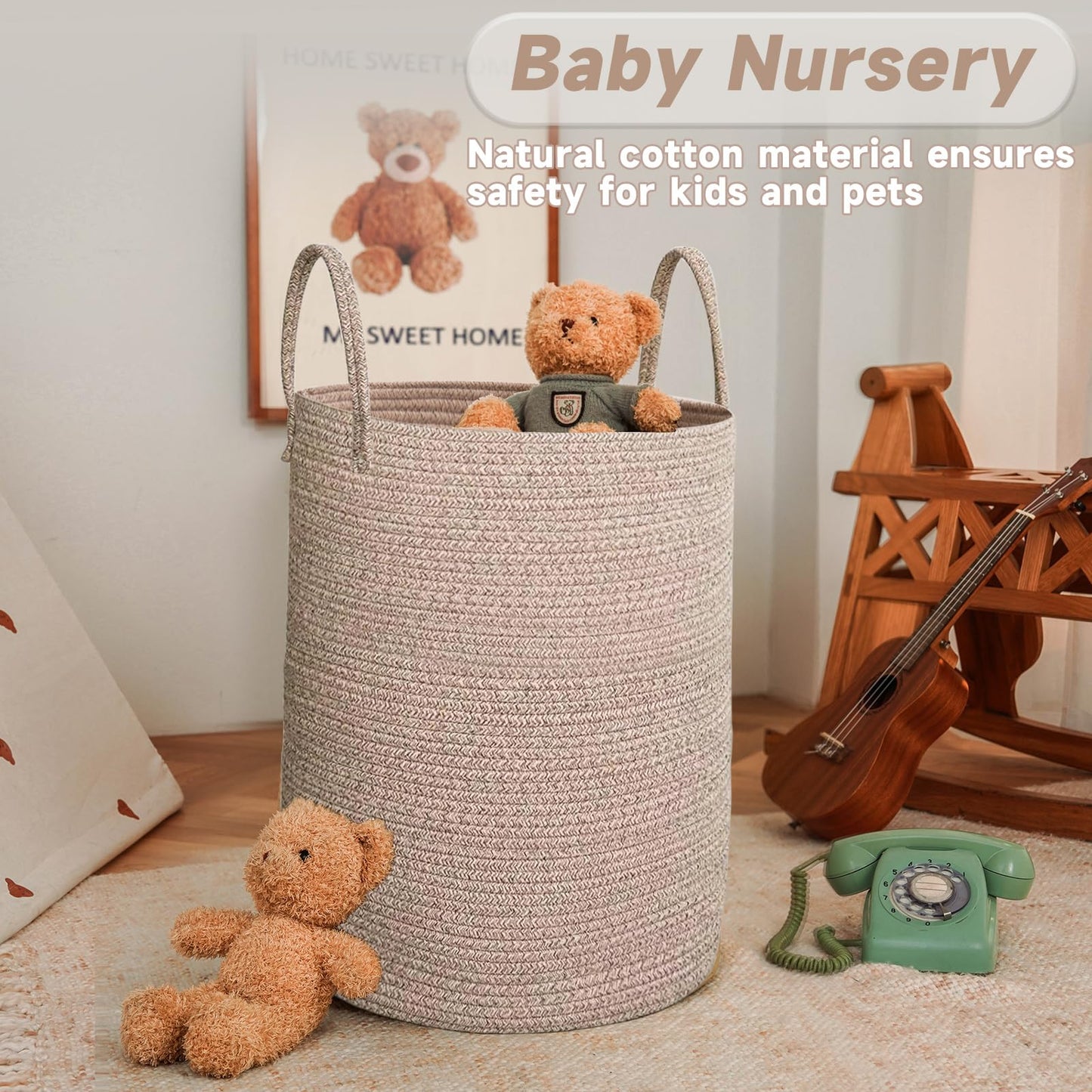 JMvicyroam Large Woven Laundry Basket Hamper,60L Cotton Rope Storage Bin for Blankets,Toys and Clothes,Decorative Tall Nursery Hamper for Living Room,Baby Nursery,Bathroom and Bedroom,Oatmeal