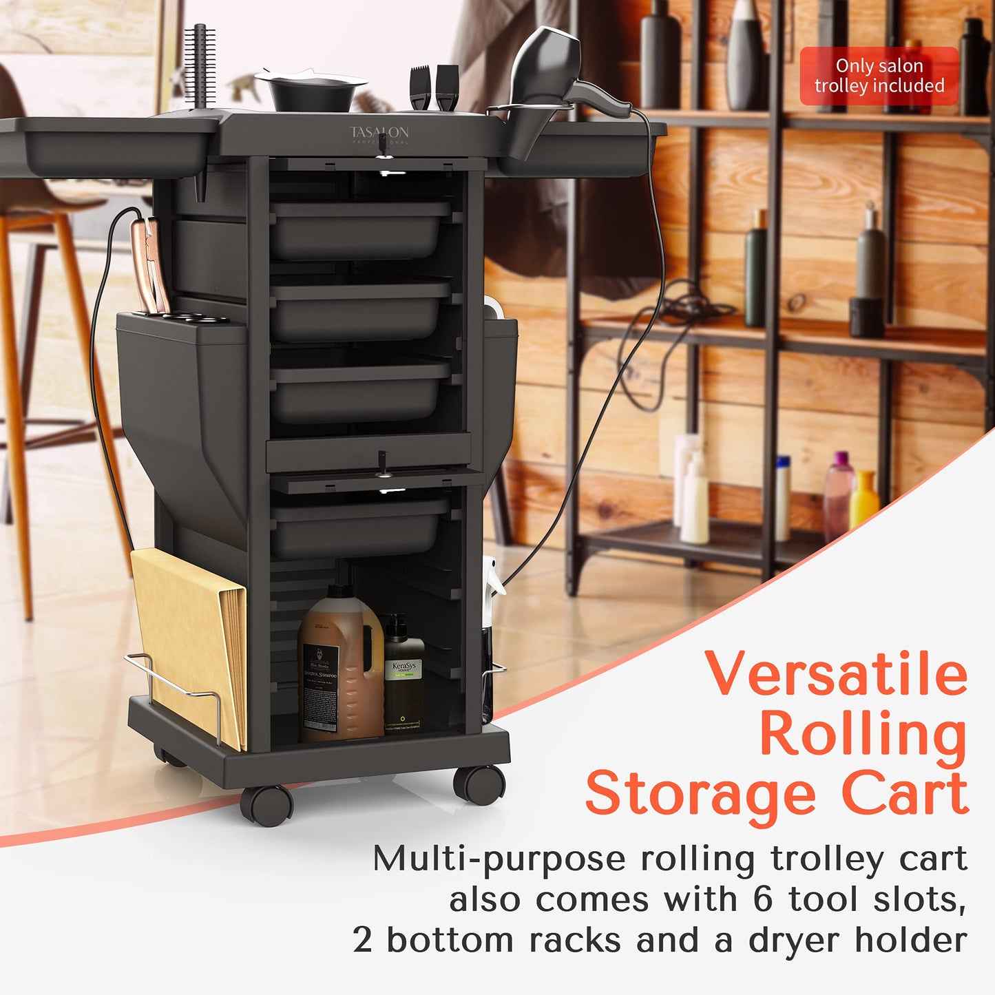 TASALON Professional Salon Trolley Cart, Lockable 6 Trays & 2 Holders, Space Saving Mobile Storage for Hair Salon and Beauty Station - Black