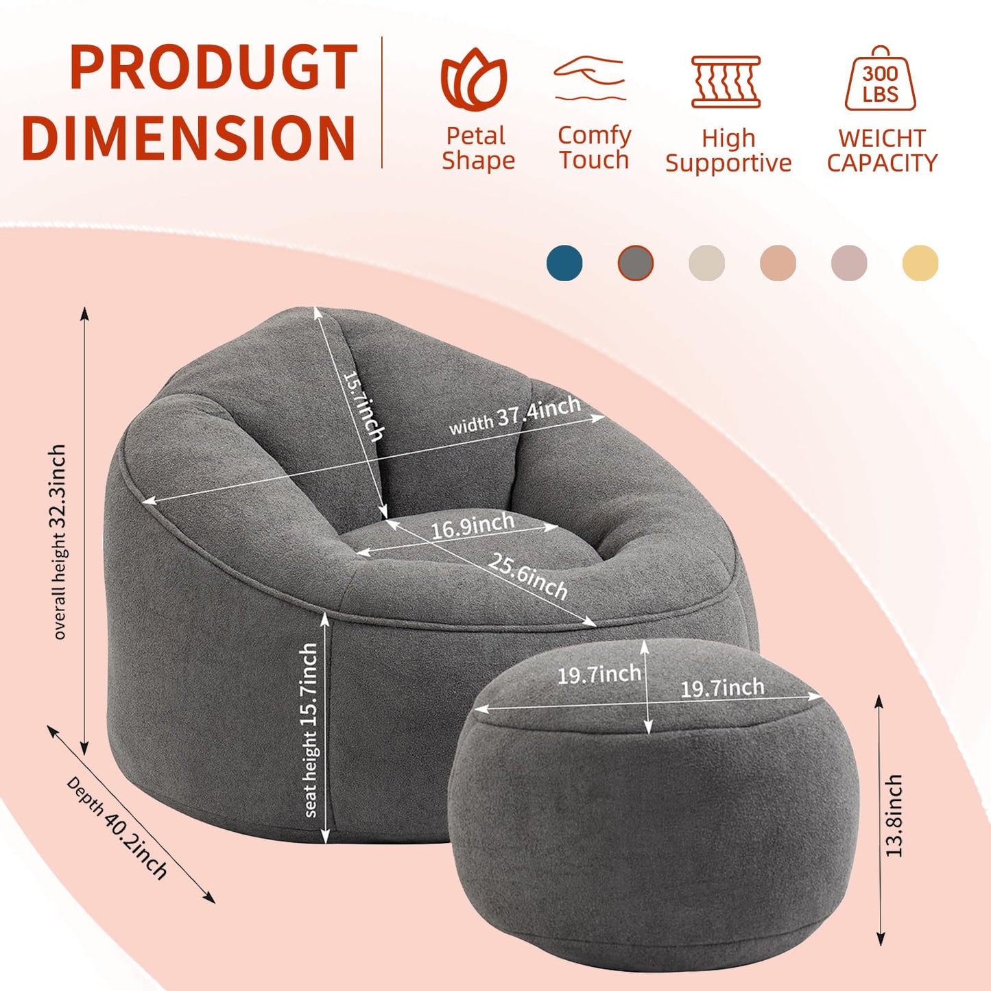 MEIGUGAO Bean Bag Chairs, Gaint Bean Bag Couch with Memory Foam for Adults and Kids, Microfiber Upholstered Sofa with Ottoman, Comfy Lazy Bean Bag Reading Chair for Living Room