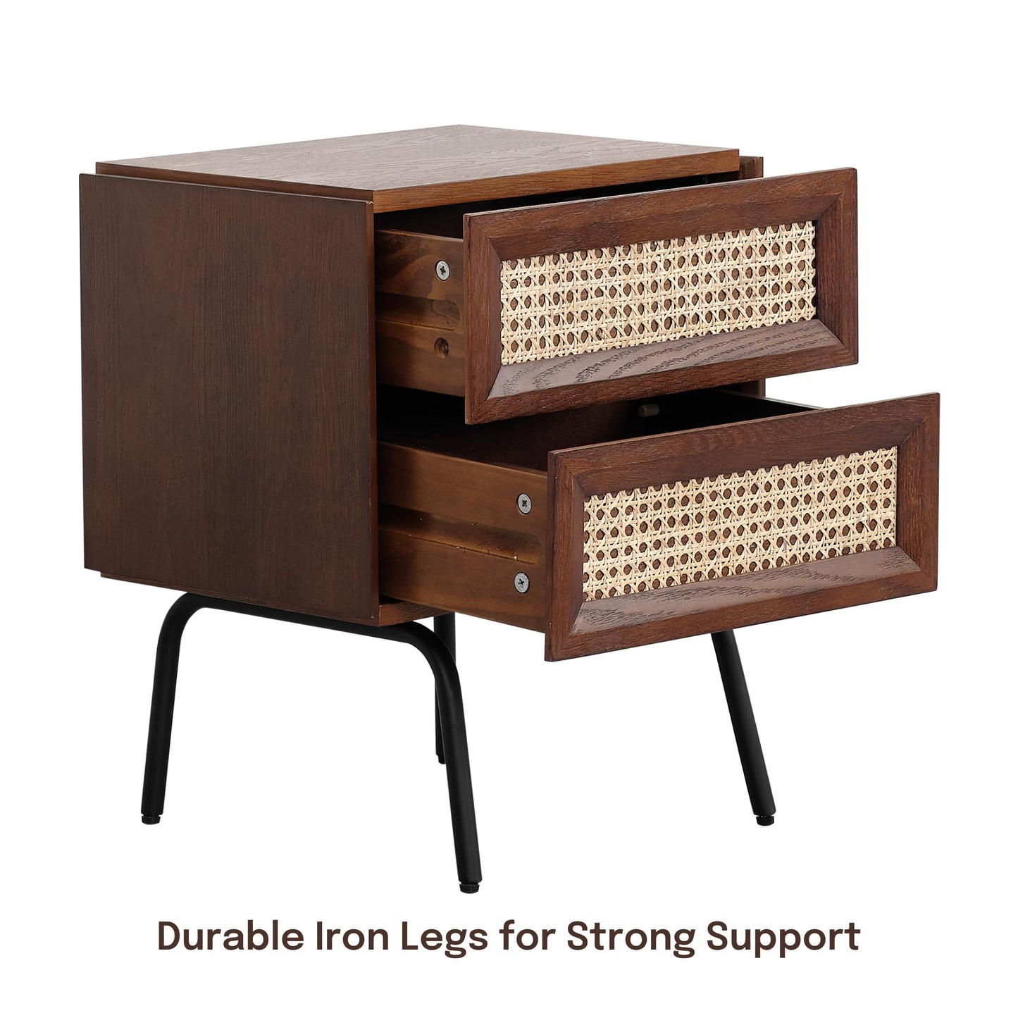 NTC Solid Oak Drawer Face Lulu Nightstand with Natural Rattan Drawer, Mid-Century Side Table for Bedroom, Bedside Furniture, End Table – Waterproof, Heat Resistant, Easy to Assemble – Dark Walnut